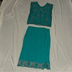 Vintage Butterfly Mesh Lace Design Matching Sheer Too and Teal Skirt w/ design